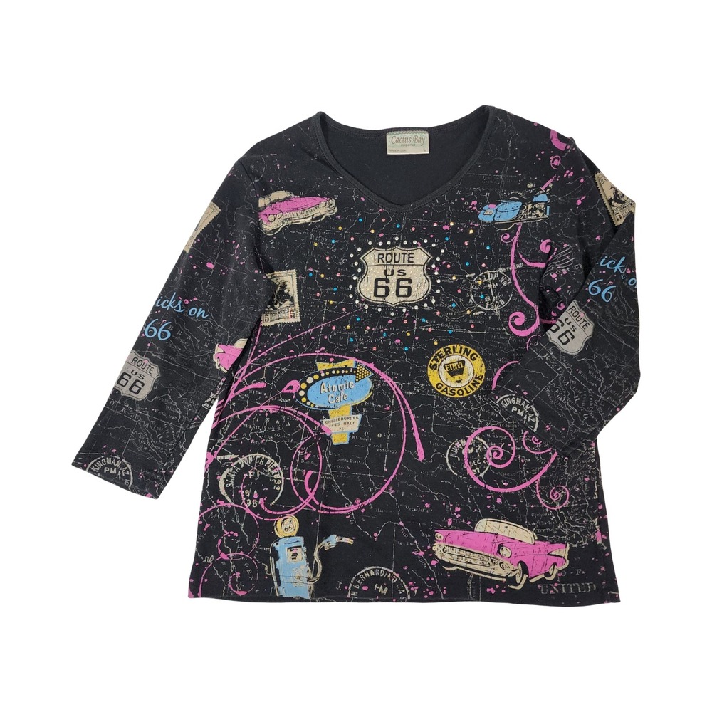 Cactus Bay Apparel Route 66 Graphic Top 100% Cotton Black Rhinestone  L